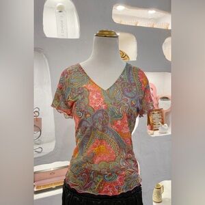 Y2K Vintage Multicolour Paisley Mesh Short Sleeve V Neck Top